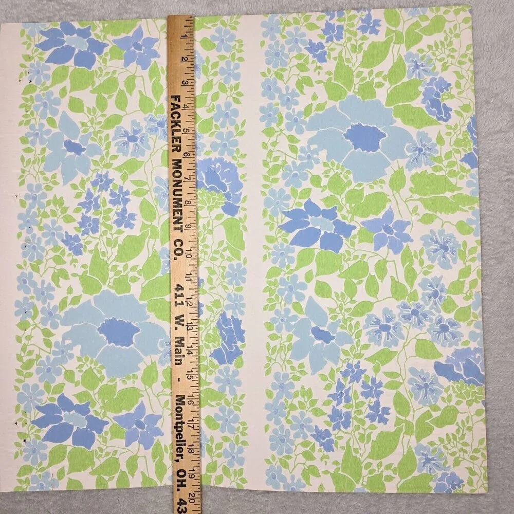 Vintage Wallpaper Sample Sheet 70s Floral Blue Flowers Craft Supply Dollhouse